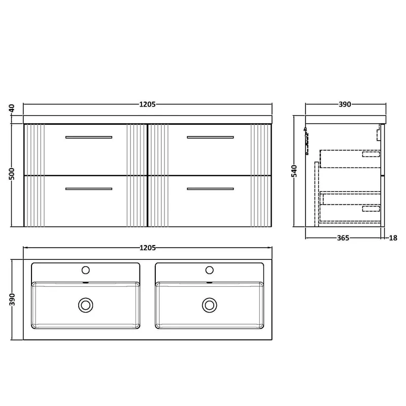 Nuie Deco 1200 x 383mm Wall Hung Vanity Unit With 4 Drawers & Twin Basin