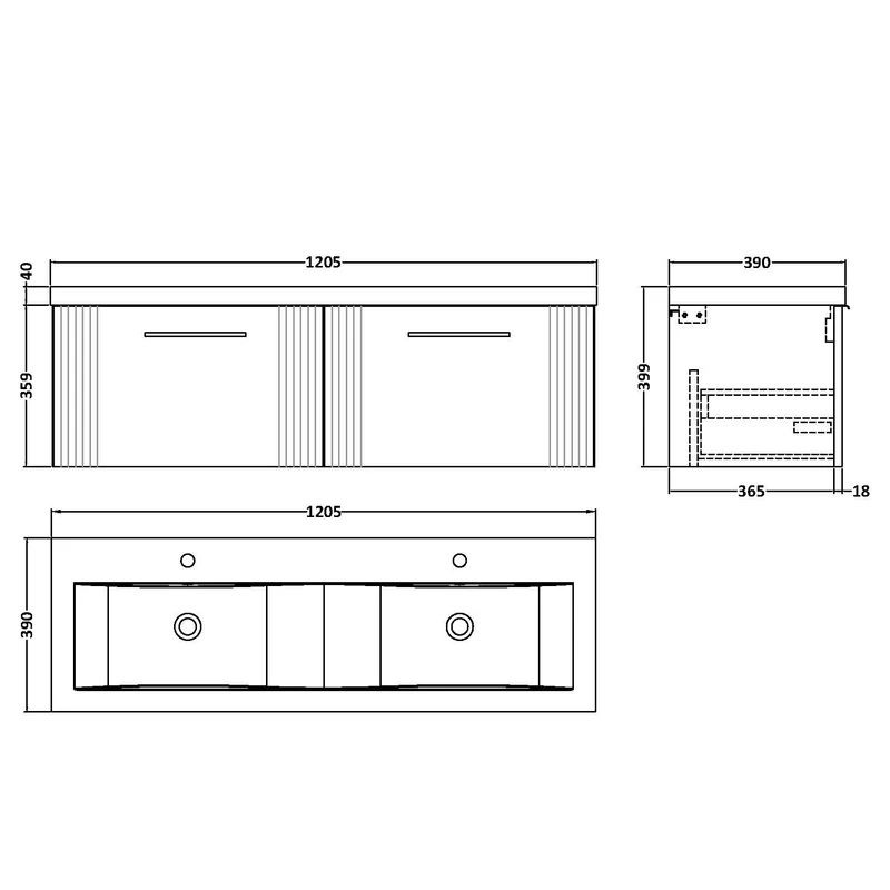 Nuie Deco 1200 x 383mm Wall Hung Vanity Unit With 2 Drawers & Twin Basin