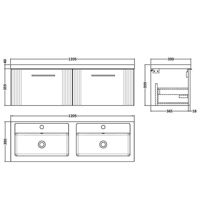Nuie Deco 1200 x 383mm Wall Hung Vanity Unit With 2 Drawers & Twin Basin