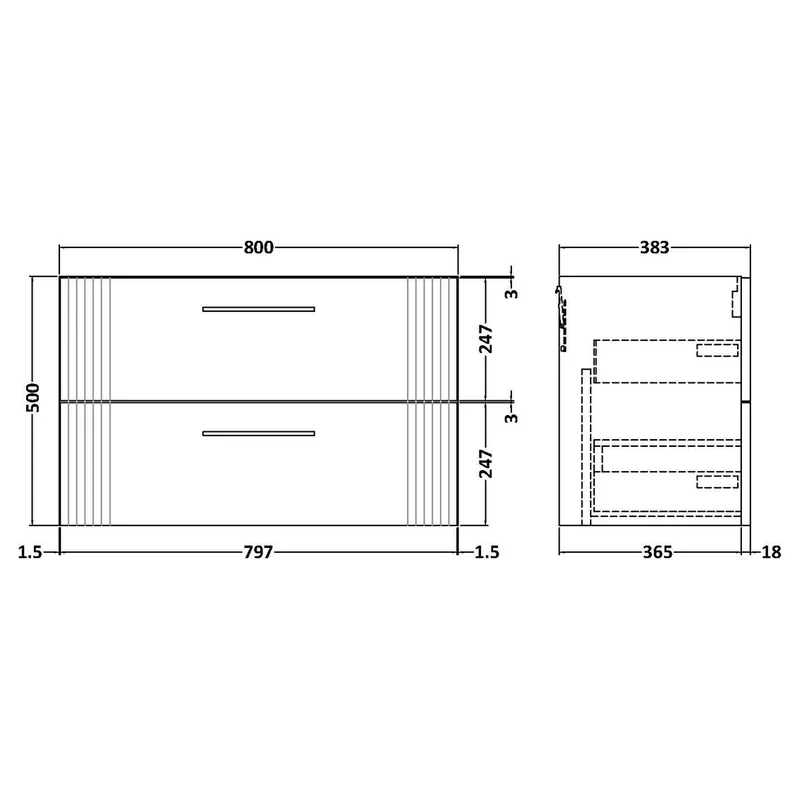 Nuie Deco 800 x 383mm Wall Hung Vanity Unit With 2 Drawers & Ceramic Basin