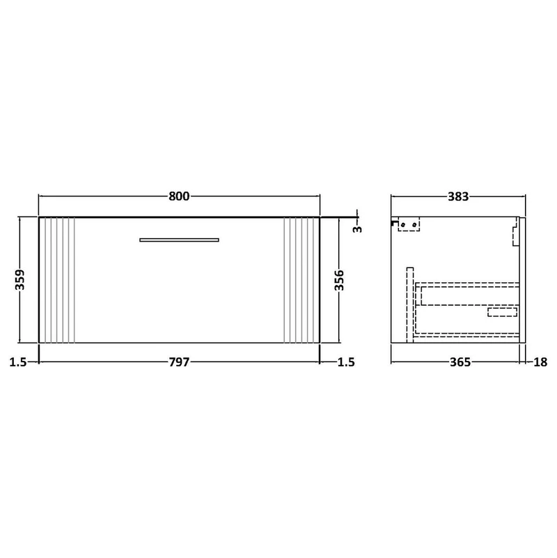 Nuie Deco 800 x 383mm Wall Hung Vanity Unit With 1 Drawer & Ceramic Basin