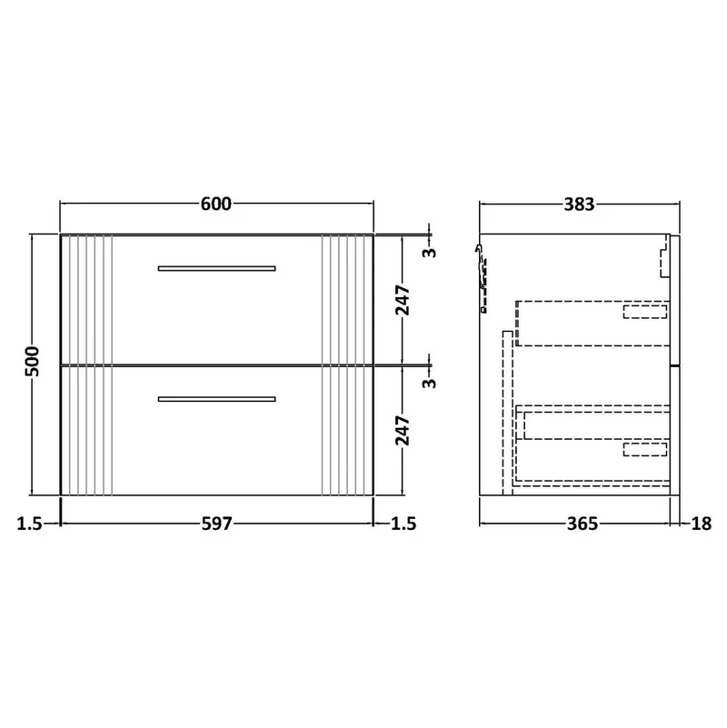 Nuie Deco 600 x 383mm Wall Hung Vanity Unit With 2 Drawers & Ceramic Basin