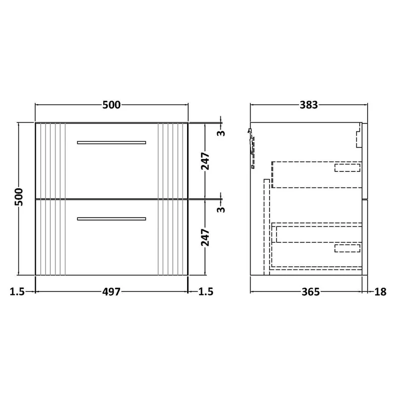 Nuie Deco 500 x 383mm Wall Hung Vanity Unit With 2 Drawers & Ceramic Basin