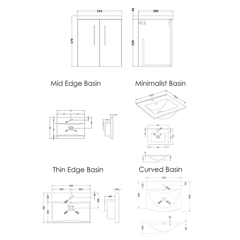 Nuie Deco 500 x 383mm Wall Hung Vanity Unit With 2 Drawers & Ceramic Basin