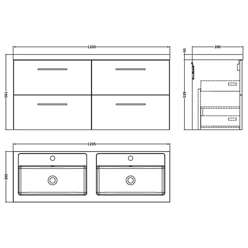Lana 1200 x 383mm Wall Hung Vanity Unit With 4 Drawers & Twin Basin