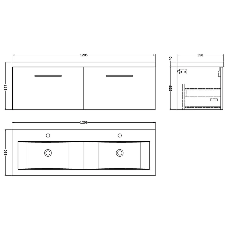 Lana 1200 x 383mm Wall Hung Vanity Unit With 2 Drawers & Twin Basin