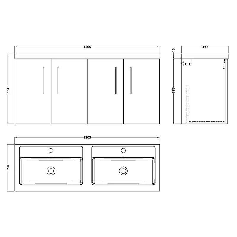 Lana 1200 x 383mm Wall Hung Vanity Unit With 4 Doors & Twin Basin