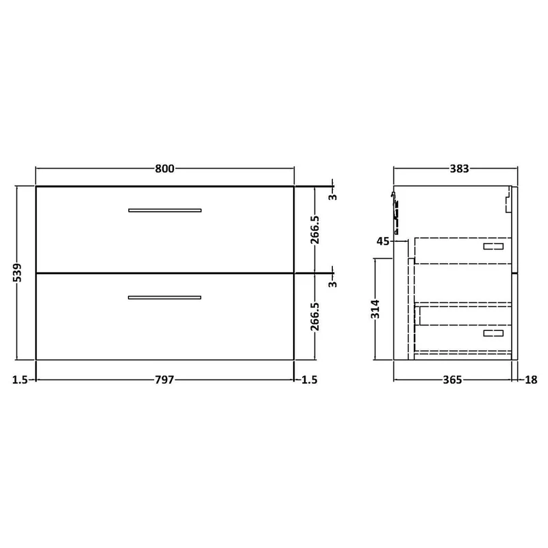 Lana 800 x 383mm Wall Hung Vanity Unit With 2 Drawers & Ceramic Basin