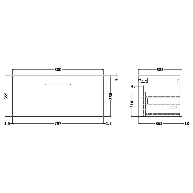 Lana 800 x 383mm Wall Hung Vanity Unit With 1 Drawer & Ceramic Basin