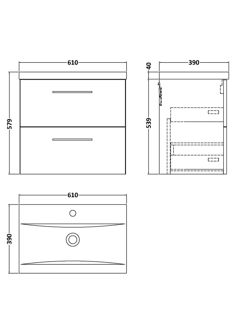 Lana 600mm Wall Hung 2 Drawer Vanity Unit & Basin - Gloss White