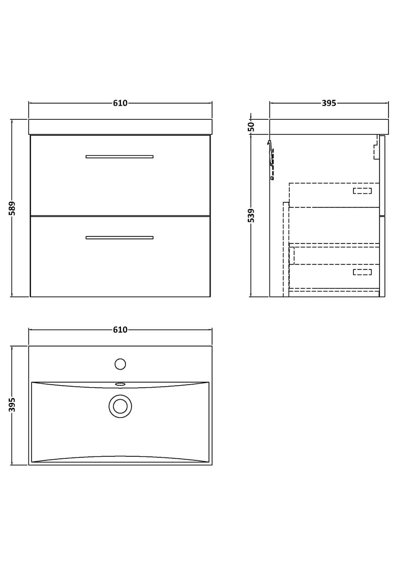 Lana 600mm Wall Hung 2 Drawer Vanity Unit & Basin - Gloss White