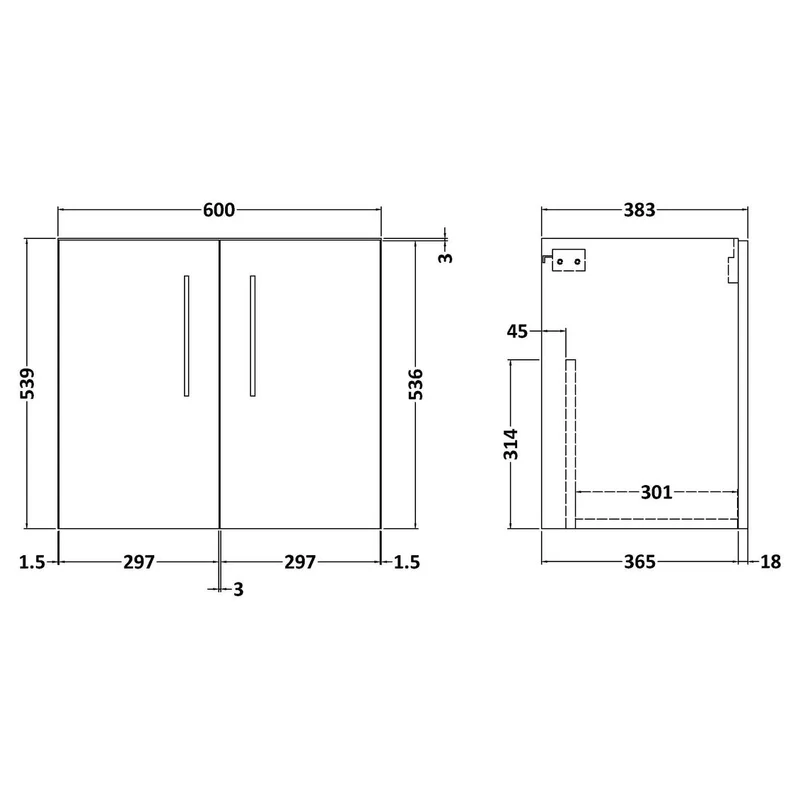 Lana 600mm Wall Hung 2 Door Vanity Unit & Basin - Gloss White
