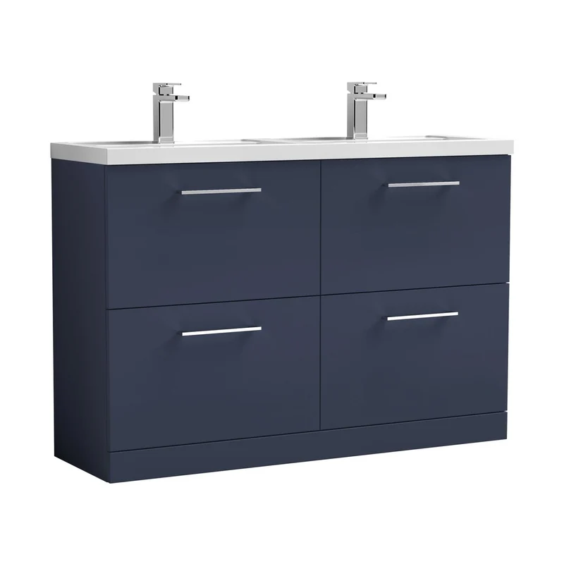 Nuie Arno 1200mm Floor Standing 4-drawer Vanity & Double Basin Contemporary Midnight Blue MFC Painted Matt 840x1205x383mm - ARN2933C