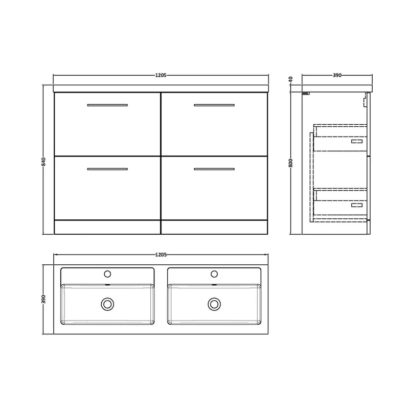 Nuie Arno 1200mm Floor Standing 4-drawer Vanity & Double Basin Contemporary Midnight Blue MFC Painted Matt 840x1205x383mm - ARN2933C