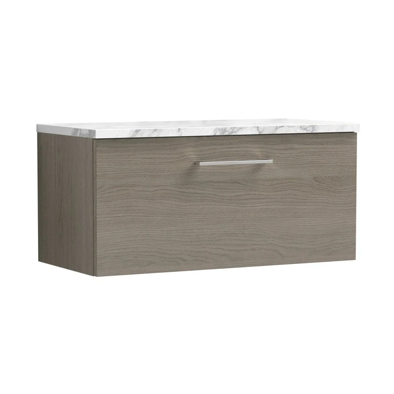 Nuie Arno 800mm Wall Hung 1-drawer Vanity & Laminate Worktop Contemporary Solace Oak MFC Textured Woodgrain 381x805x390mm
