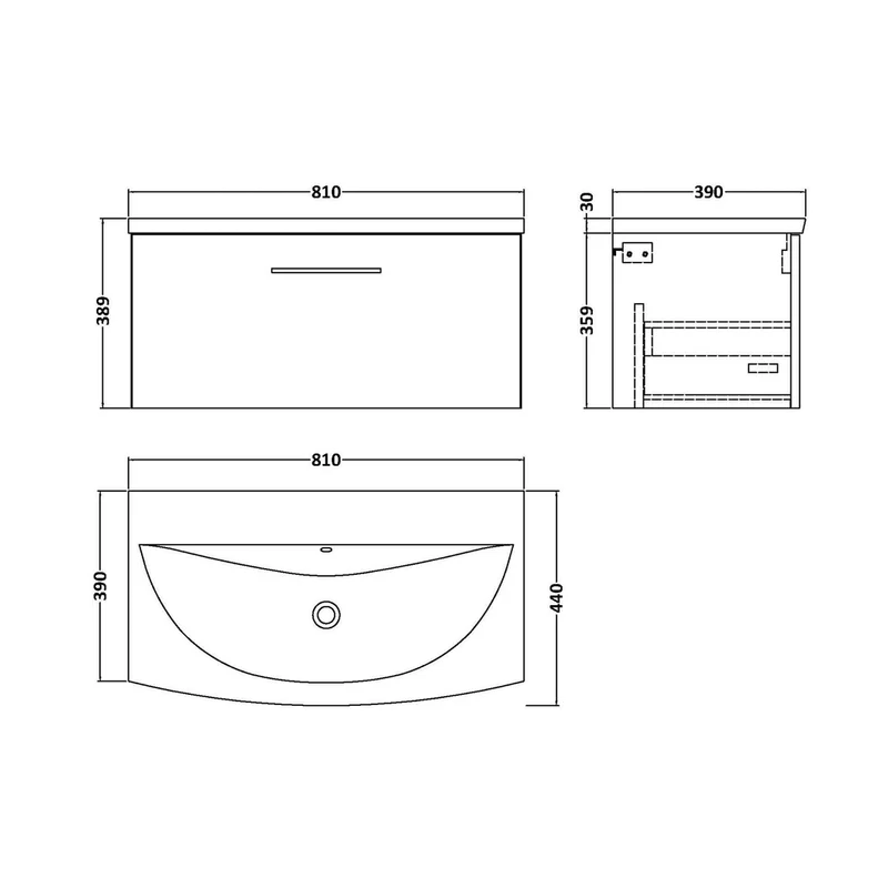 Nuie Arno 800mm Wall Hung 1-drawer Vanity & Basin 4 Contemporary Midnight Blue 389x810x440mm
