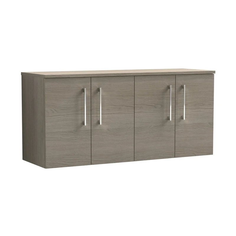 Nuie Arno 1200mm Wall Hung 4 Door Vanity & Worktop Contemporary Solace Oak MFC Textured Woodgrain 557x1205x390mm