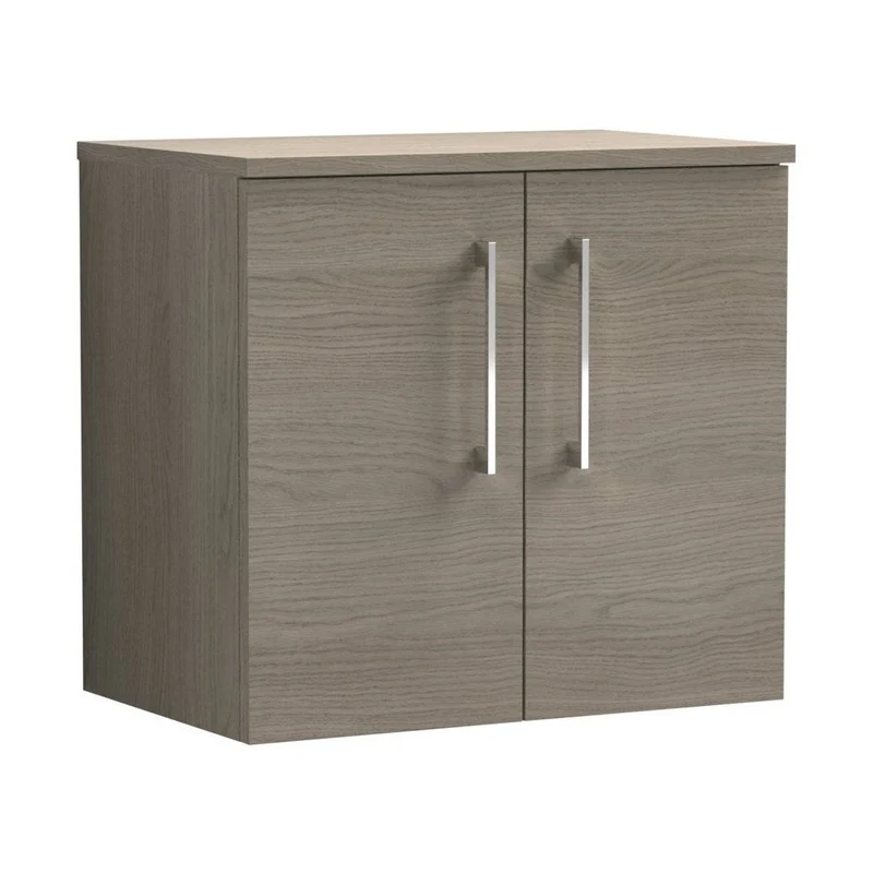 Nuie Arno 600mm Wall Hung 2 Door Vanity & Worktop Contemporary Solace Oak MFC Textured Woodgrain 557x605x383mm