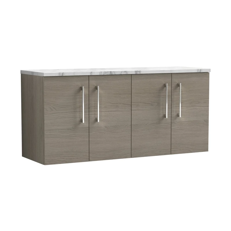 Nuie Arno 1200mm Wall Hung 4-door Vanity & Laminate Worktop Contemporary Solace Oak MFC Textured Woodgrain 561x1205x390mm - ARN2523LCM2