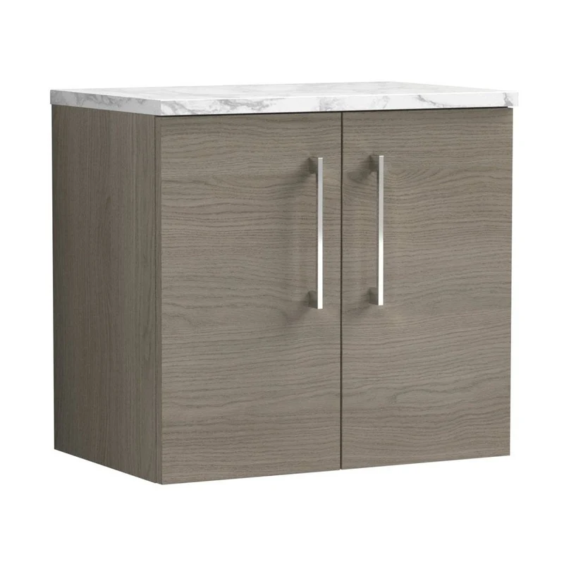 Nuie Arno 600mm Wall Hung 2-door Vanity & Laminate Worktop Contemporary Solace Oak MFC Textured Woodgrain 561x605x390mm