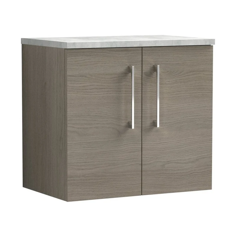 Nuie Arno 600mm Wall Hung 2 Door Vanity & Laminate Top Contemporary Solace Oak MFC Textured Woodgrain 561x605x390mm