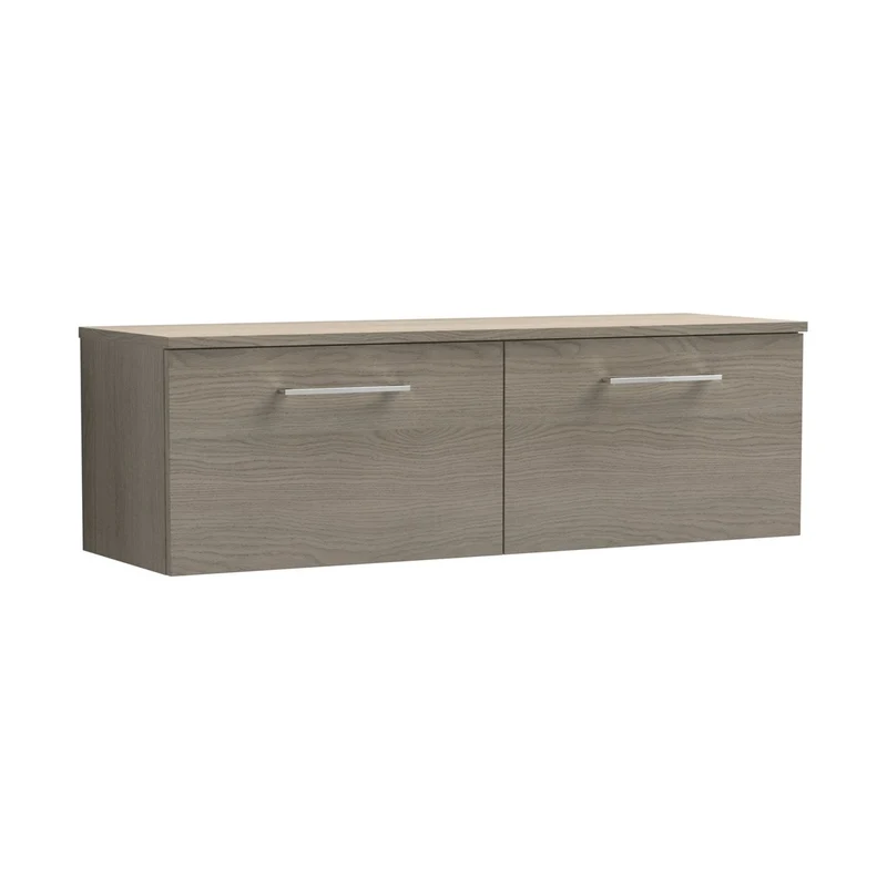 Nuie Arno 1200mm Wall Hung 2 Drawer Vanity & Worktop Contemporary Solace Oak MFC Textured Woodgrain 377x1205x390mm