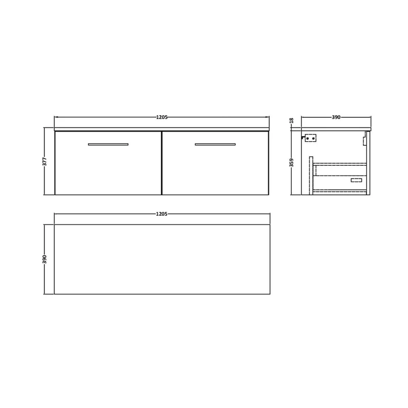 Nuie Arno 1200mm Wall Hung 2 Drawer Vanity & Worktop Contemporary Solace Oak MFC Textured Woodgrain 377x1205x390mm