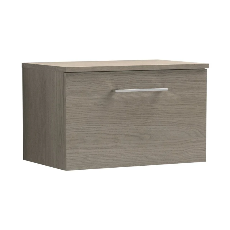 Nuie Arno 600mm Wall Hung 1 Drawer Vanity & Worktop Contemporary Solace Oak MFC Textured Woodgrain 377x605x390mm