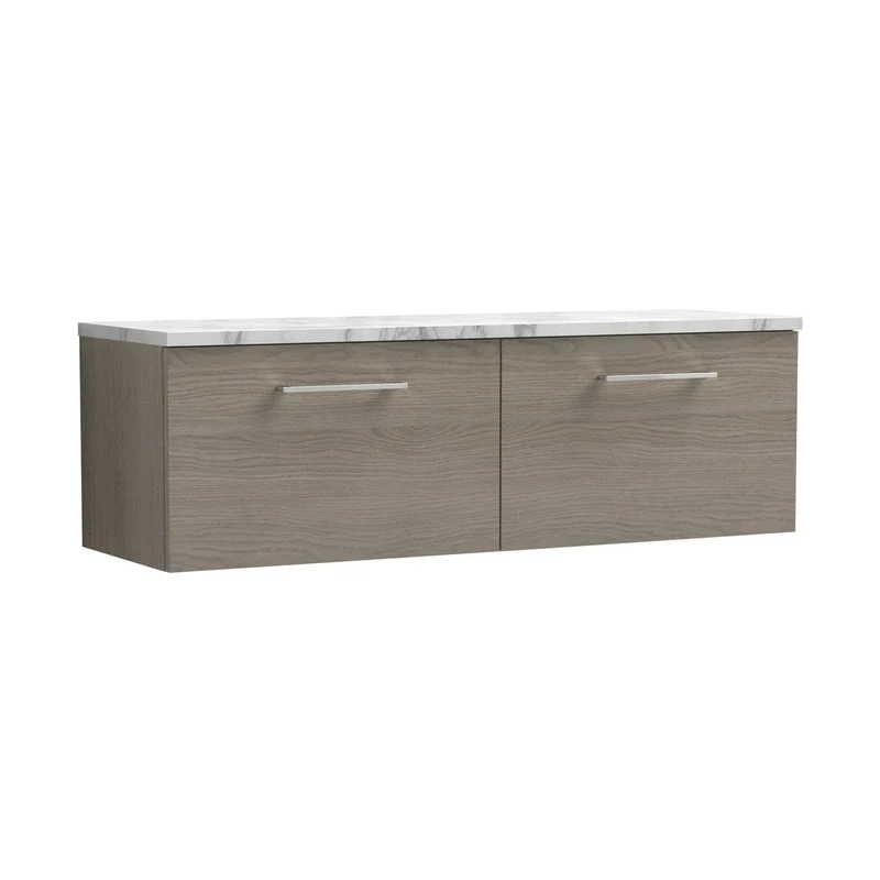 Nuie Arno 1200mm Wall Hung 2-drawer Vanity & Laminate Worktop Contemporary Solace Oak MFC Textured Woodgrain 381x1205x390mm - ARN2522LCM2