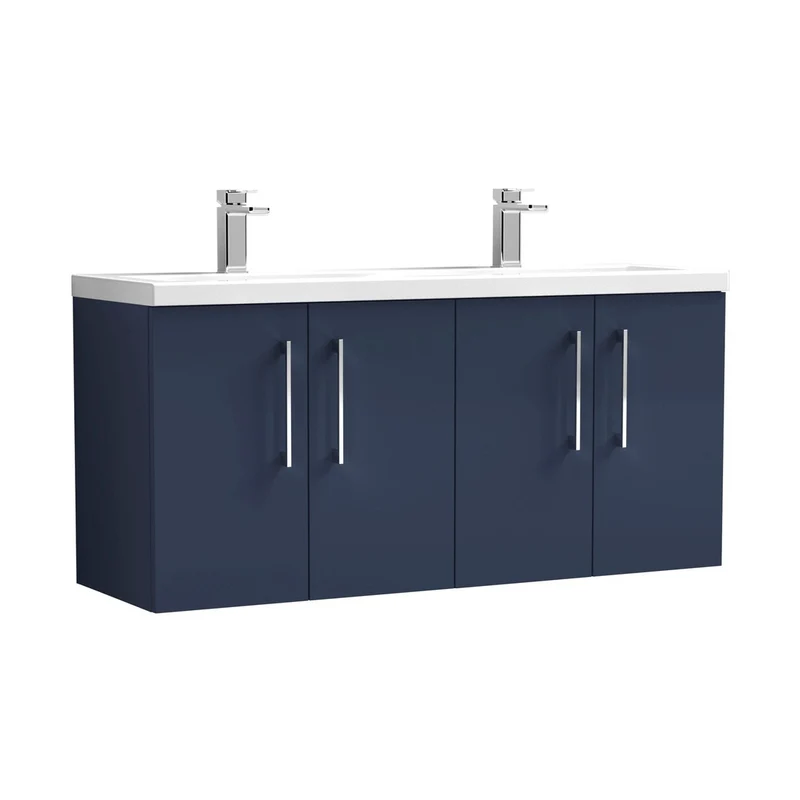 Nuie Arno 1200mm Wall Hung 4-door Vanity & Double Basin Contemporary Midnight Blue MFC Painted Matt 580x1205x383mm - ARN2923F
