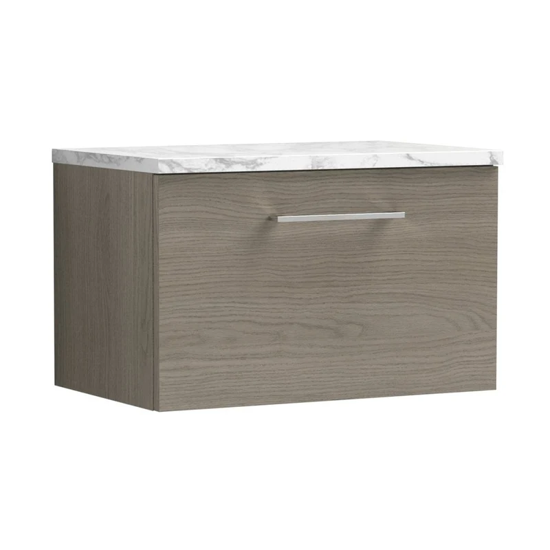 Nuie Arno 600mm Wall Hung 1-drawer Vanity & Laminate Worktop Contemporary Solace Oak MFC Textured Woodgrain 381x605x390mm