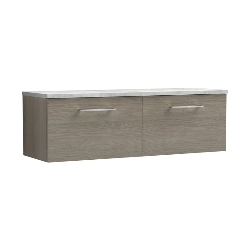 Nuie Arno 1200mm Wall Hung 2-drawer Vanity & Laminate Worktop Contemporary Solace Oak MFC Textured Woodgrain 381x1205x390mm - ARN2522LBG2