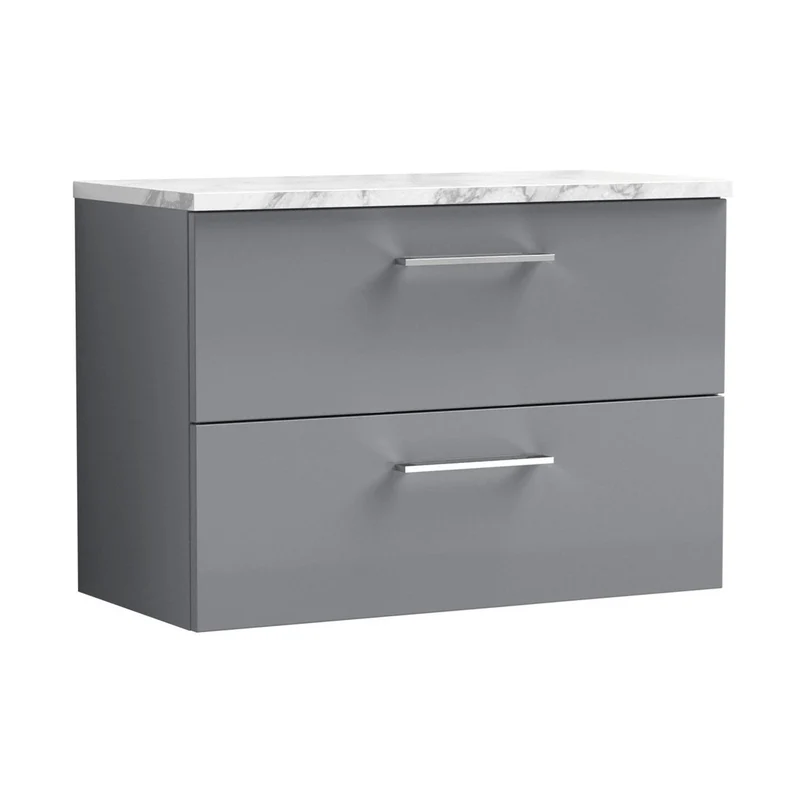 Nuie Arno 800mm Wall Hung 2-drawer Vanity & Laminate Worktop Contemporary Satin Grey MFC Painted Matt 562x805x390mm