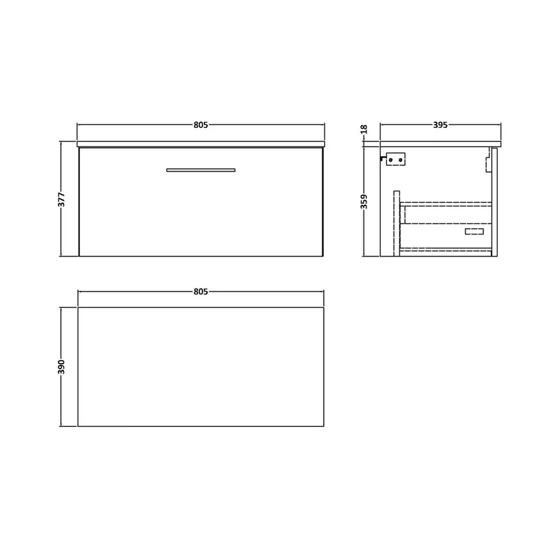 Nuie Arno 800mm Wall Hung 1 Drawer Vanity & Worktop Contemporary Satin Grey MFC Painted Matt 377x805x390mm