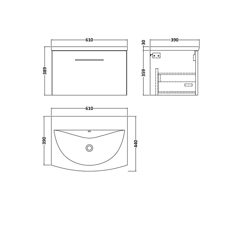 Nuie Arno 600mm Wall Hung 1-drawer Vanity & Basin 4 Contemporary Midnight Blue 389x610x440mm