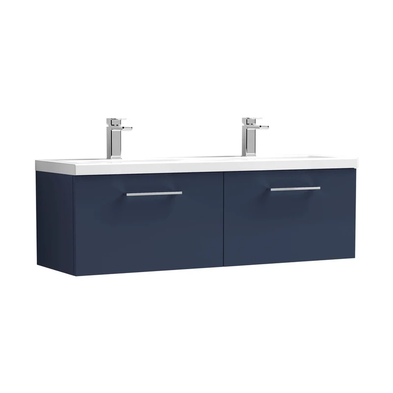 Nuie Arno 1200mm Wall Hung 2-drawer Vanity & Double Basin Contemporary Midnight Blue MFC Painted Matt 430x1205x383mm