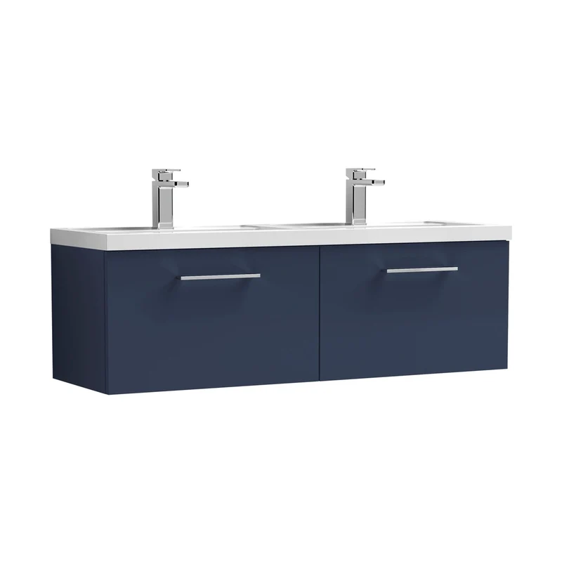 Nuie Arno 1200mm Wall Hung 2-drawer Vanity & Double Basin Contemporary Midnight Blue MFC Painted Matt 399x1205x383mm