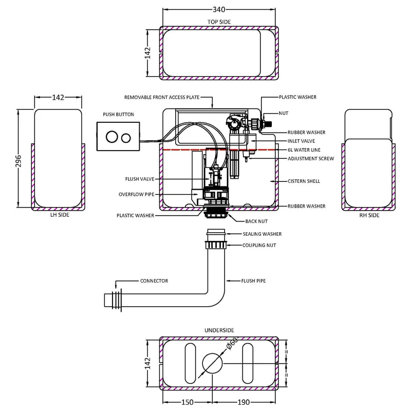 Dual Flush Universal Access Concealed Cistern With Pneumatic Fittings & Polystyrene Shroud - With Chrome Flush Plate