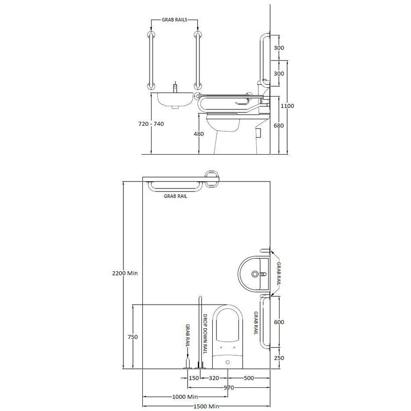 Nuie Doc M Pack With Comfort Height Toilet, Seat, Wall Mounted Basin, Tap, 5 Grab Rails & Drop Down Rail - White