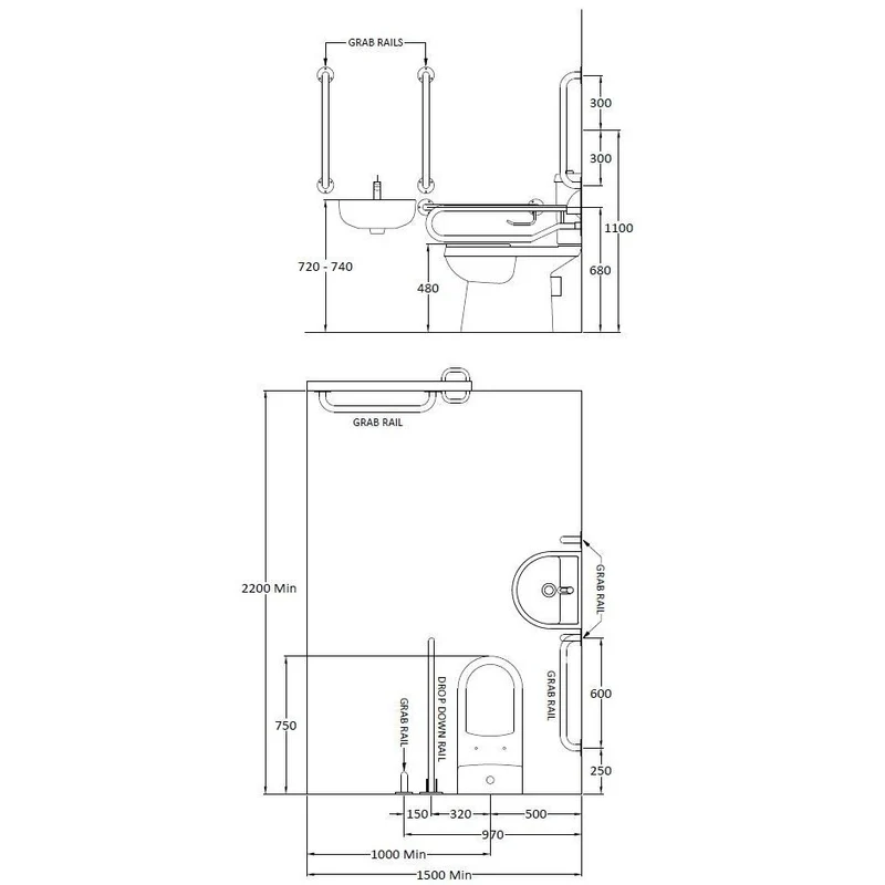 Nuie Doc M Pack With Comfort Height Toilet, Seat, Wall Mounted Basin, Tap, 5 Grab Rails & Drop Down Rail - Blue