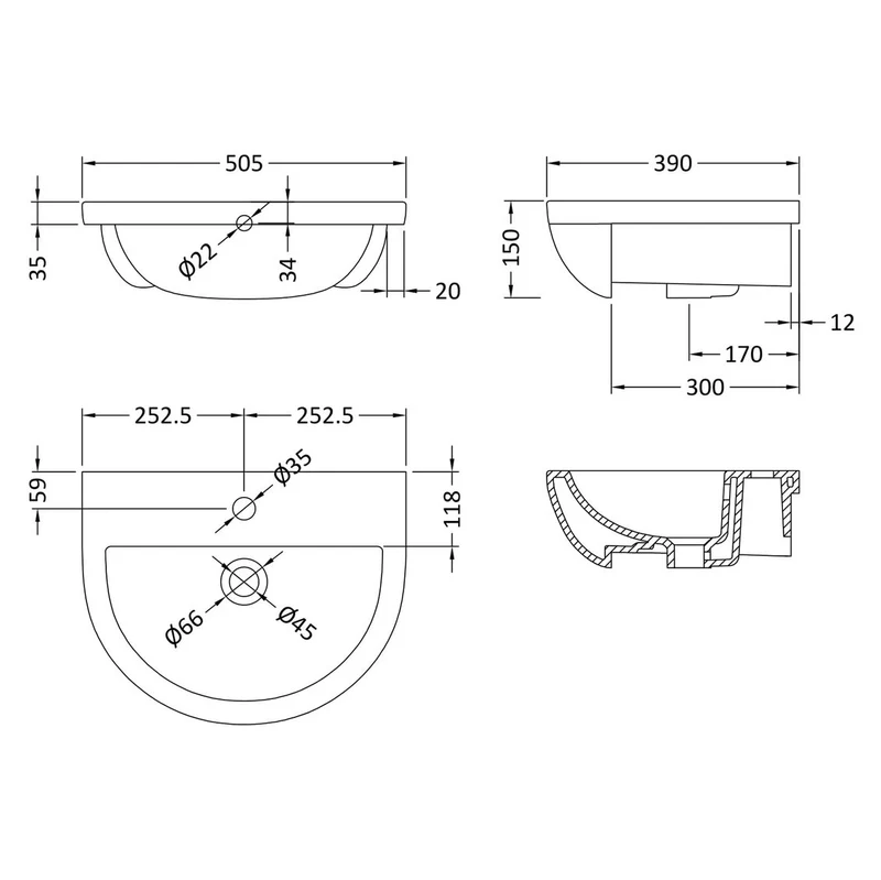 Nuie Semi Recess Basin With Overflow 520 x 415mm - White