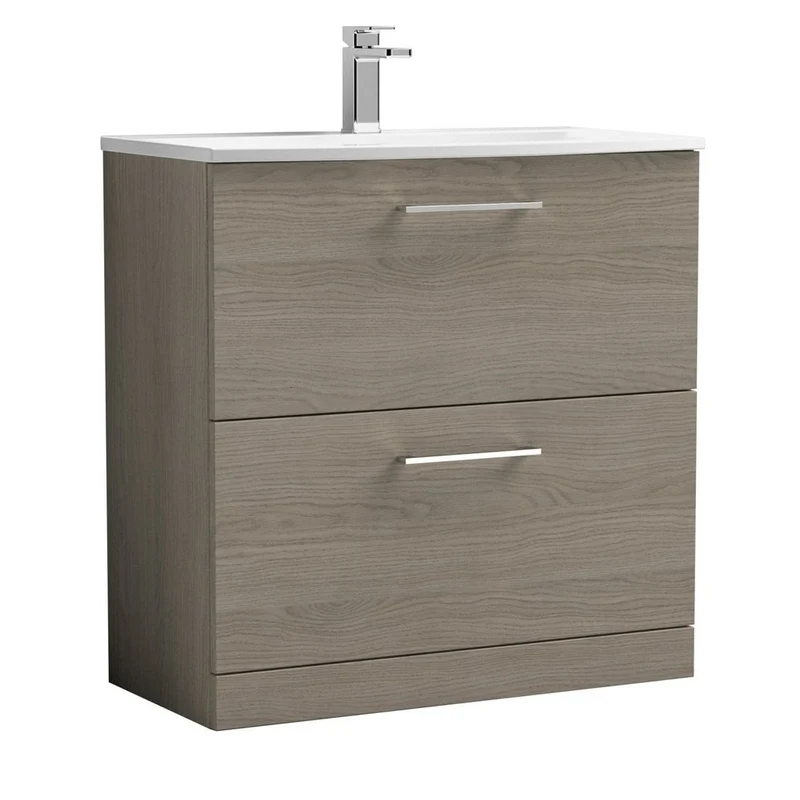 Nuie Arno 800mm Floor Standing 2 Drawer Vanity & Basin 4 Contemporary Solace Oak MFC 830x810x440mm
