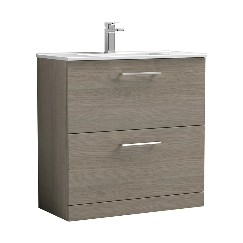 Nuie Arno 800mm Floor Standing 2 Drawer Vanity & Basin 2 Contemporary Solace Oak MFC 815x800x390mm