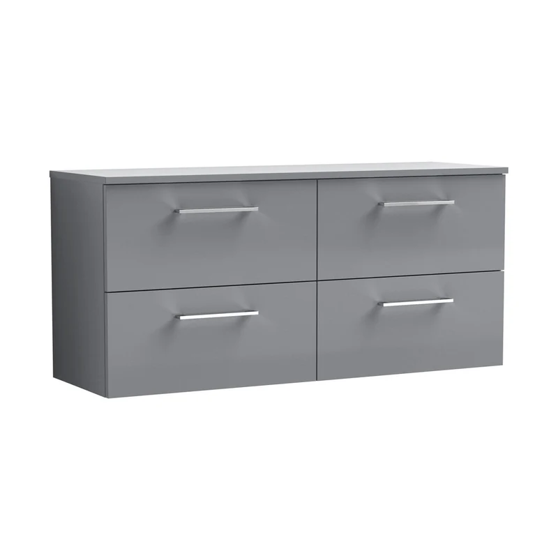 Nuie Arno 1200mm Wall Hung 4 Drawer Vanity & Worktop Contemporary Satin Grey MFC Painted Matt 557x1205x390mm
