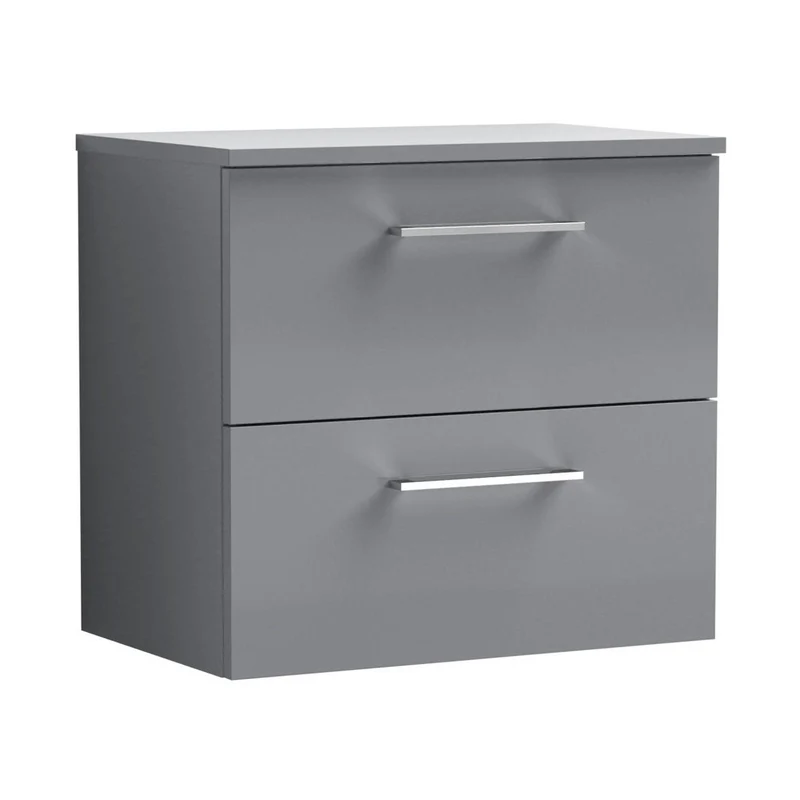 Nuie Arno 600mm Wall Hung 2 Drawer Vanity & Worktop Contemporary Satin Grey MFC Painted Matt 557x605x383mm