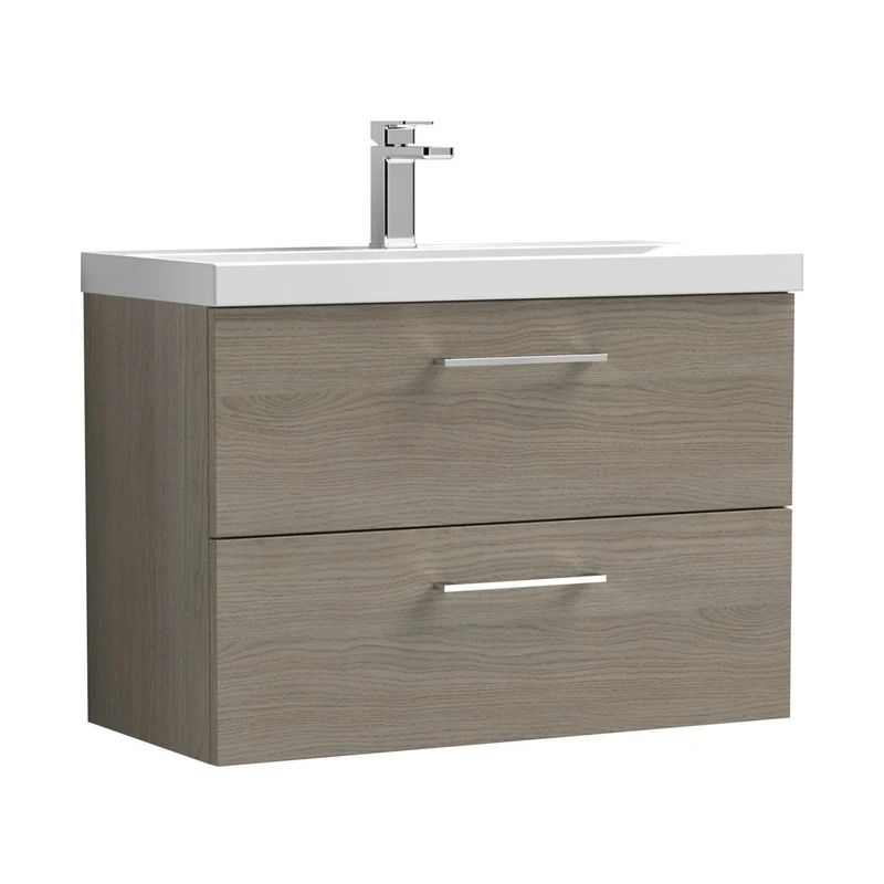 Nuie Arno 800mm Wall Hung 2 Drawer Vanity & Basin 3 Contemporary Solace Oak MFC Textured Woodgrain 589x810x395mm