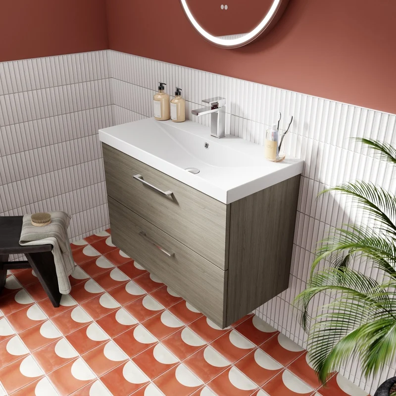 Nuie Arno 800mm Wall Hung 2 Drawer Vanity & Basin 3 Contemporary Solace Oak MFC Textured Woodgrain 589x810x395mm