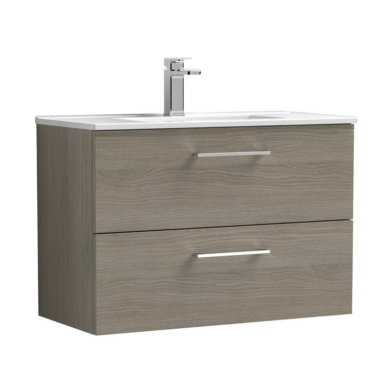 Nuie Arno 800mm Wall Hung 2 Drawer Vanity & Basin 2 Contemporary Solace Oak MFC Textured Woodgrain 557x800x390mm