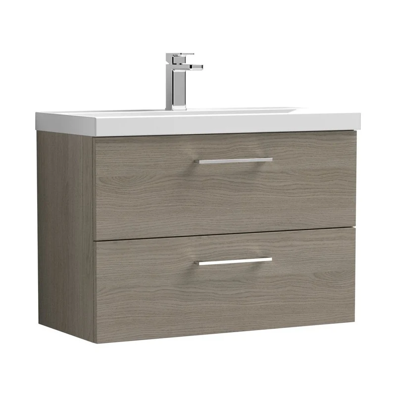 Nuie Arno 800mm Wall Hung 2 Drawer Vanity & Basin 1 Contemporary Solace Oak MFC Textured Woodgrain 579x810x390mm