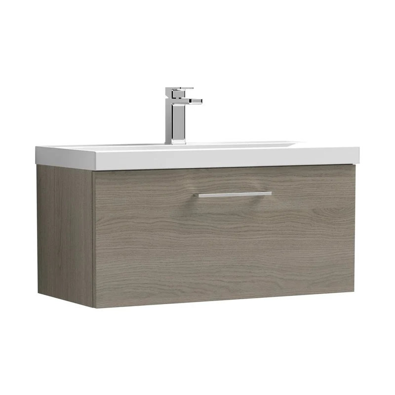 Nuie Arno 800mm Wall Hung 1 Drawer Vanity & Basin 3 Contemporary Solace Oak MFC Textured Woodgrain 409x810x395mm